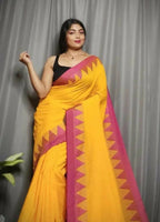 Exclusive Collection Beautiful Yellow Pure Cotton Woven Handloom Saree With Running Blouse Piece | Grocsy