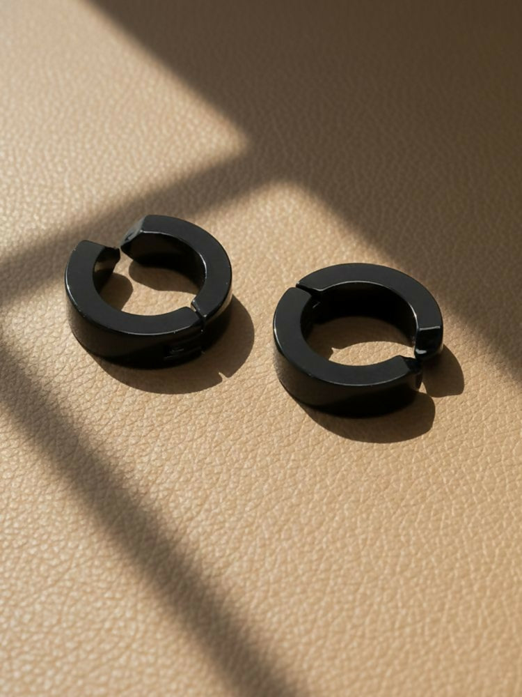 NVR Men's Black Rhodium Plated Hoop Earrings | Grocsy