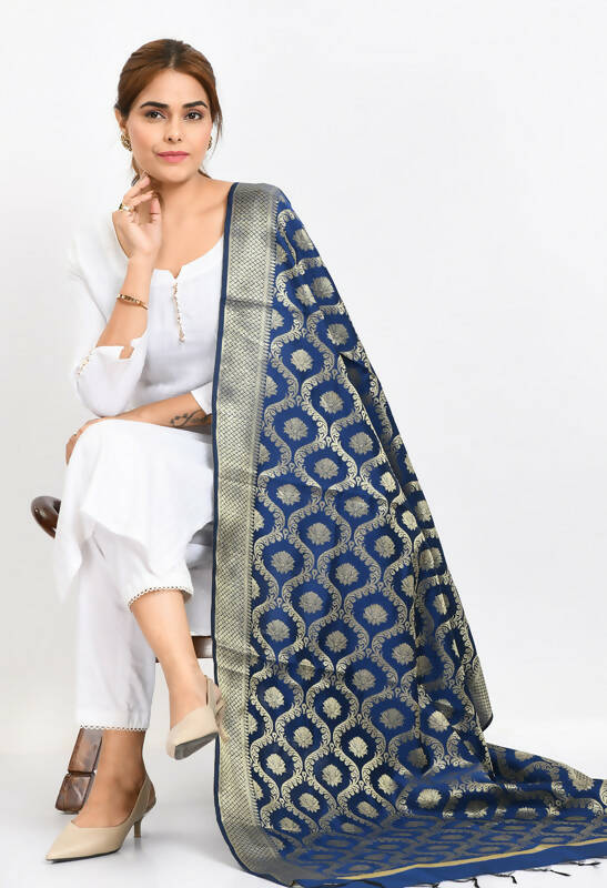 Mominos Fashion Moeza Women's Banarsi Silk All Over Woven Design Navy Blue Dupatta | Grocsy