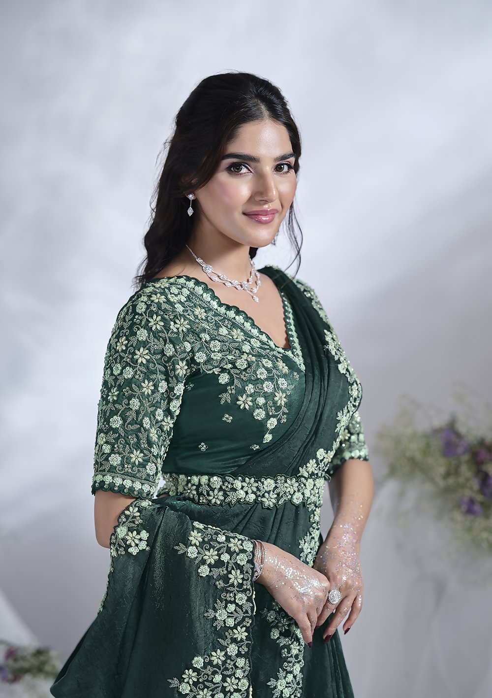 Green Two Tone Satin Silk Designer Ready to wear saree with stithced Blouse - Mohmanthan Aura | Grocsy