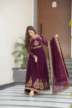Joban Fashion Wine Georgette Sequence Embroidery Work Kurta Set | Grocsy