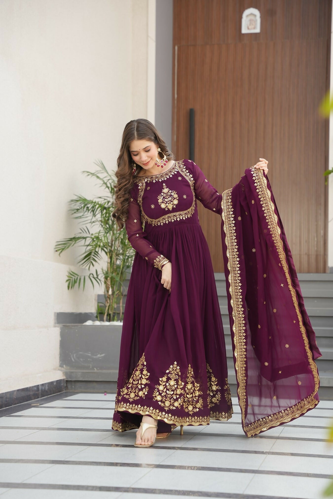 Joban Fashion Wine Georgette Sequence Embroidery Work Kurta Set | Grocsy