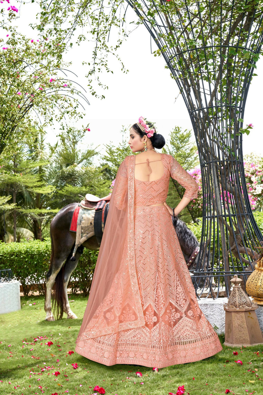 Peach Net Embroidered Semi Stitched Lehenga Choli with Dupatta - Bhagya | Grocsy