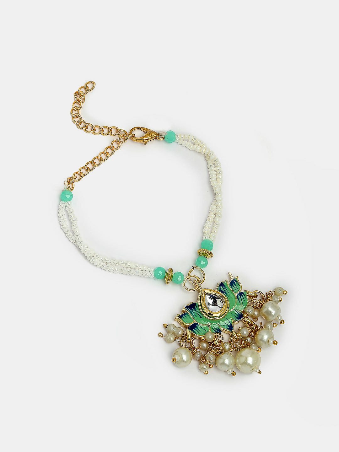 NVR Women & Men Set of 2 Turquoise Blue Lotus Shape Kundan-Studded & Beaded Handcrafted Wraparound Rakhi Set With Roli Chawal | Grocsy