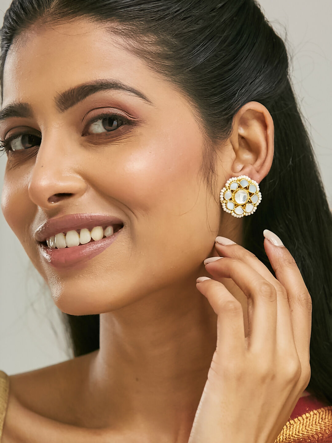 Nuyug 22K Gold-Plated Elegant Kundan Studded & Pearls Beaded Floral Studs | Grocsy