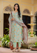 Kaajh Women's Green Modal Silk Printed Kurta Pant Set With Dupatta | Grocsy
