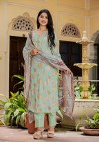 Kaajh Women's Green Modal Silk Printed Kurta Pant Set With Dupatta | Grocsy