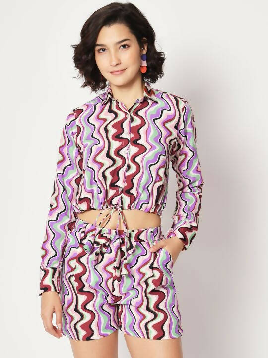 Purple Crepe Chevron Printed Top with Matching Shorts Set - Shivani | Grocsy