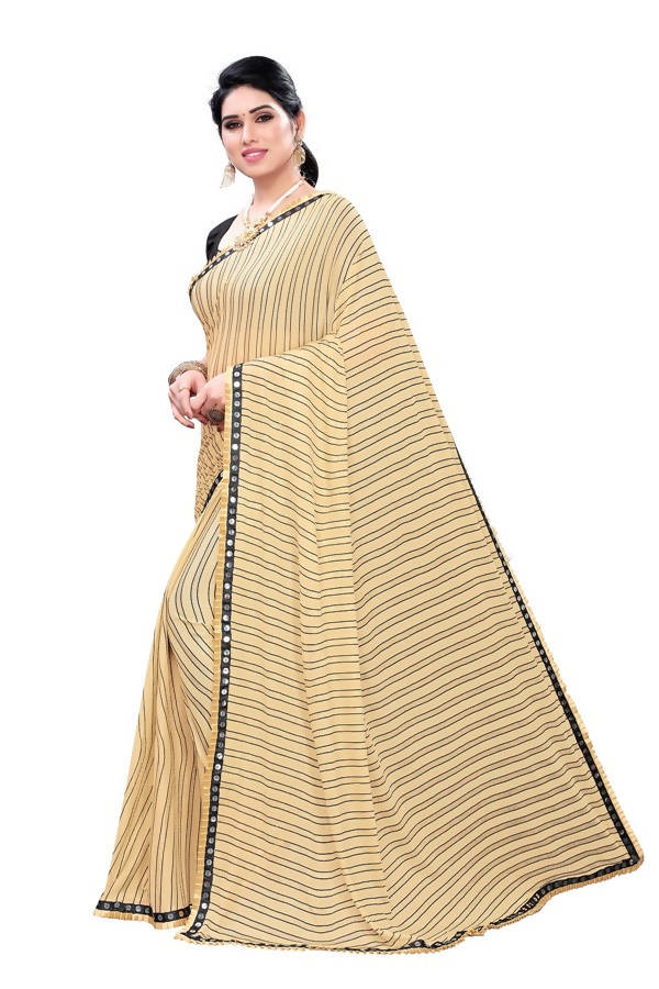 Vamika Cream Malai Silk Printed Saree (Zigzag Chiku) | Grocsy