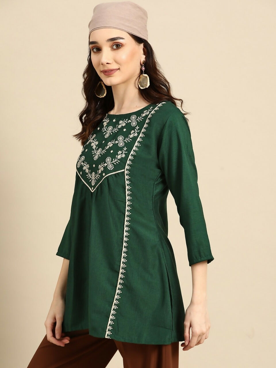 Women's Dark Green Viscose blend Embroidered Short Top - Marina | Grocsy