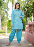 Kaajh Women's Sky Blue Printed Cotton Kurta Pant Set | Grocsy