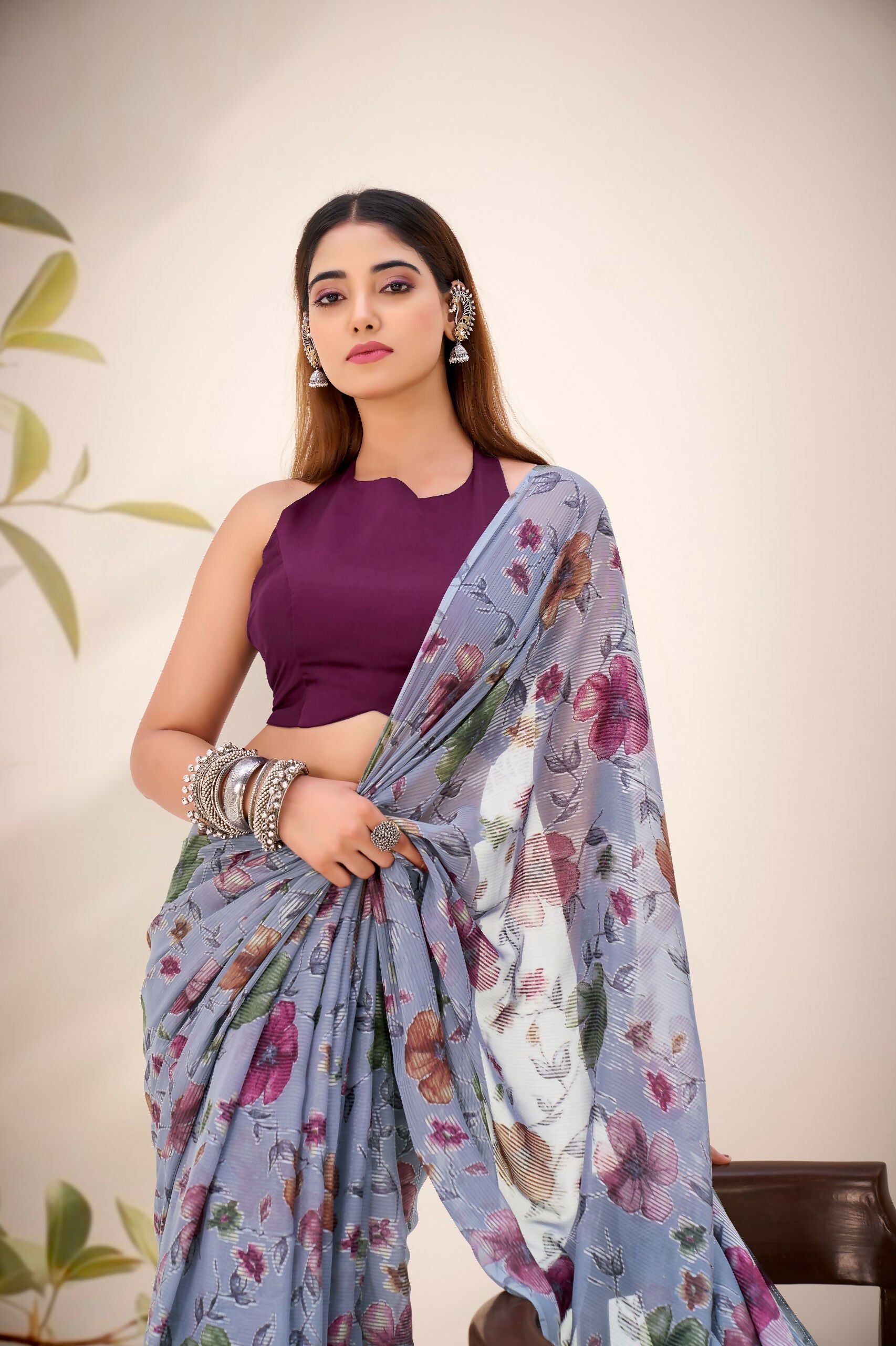 Vastranavya Grey Lurex Brasso Floral Printed Saree with Unstitched Blouse | Grocsy