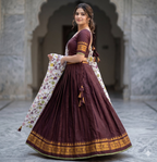 Teeya Creation Womens New Trendy Brown Traditional Pleated Lehenga Choli Set with Floral Printed Dupatta and Contrast Zari Border Set | Grocsy