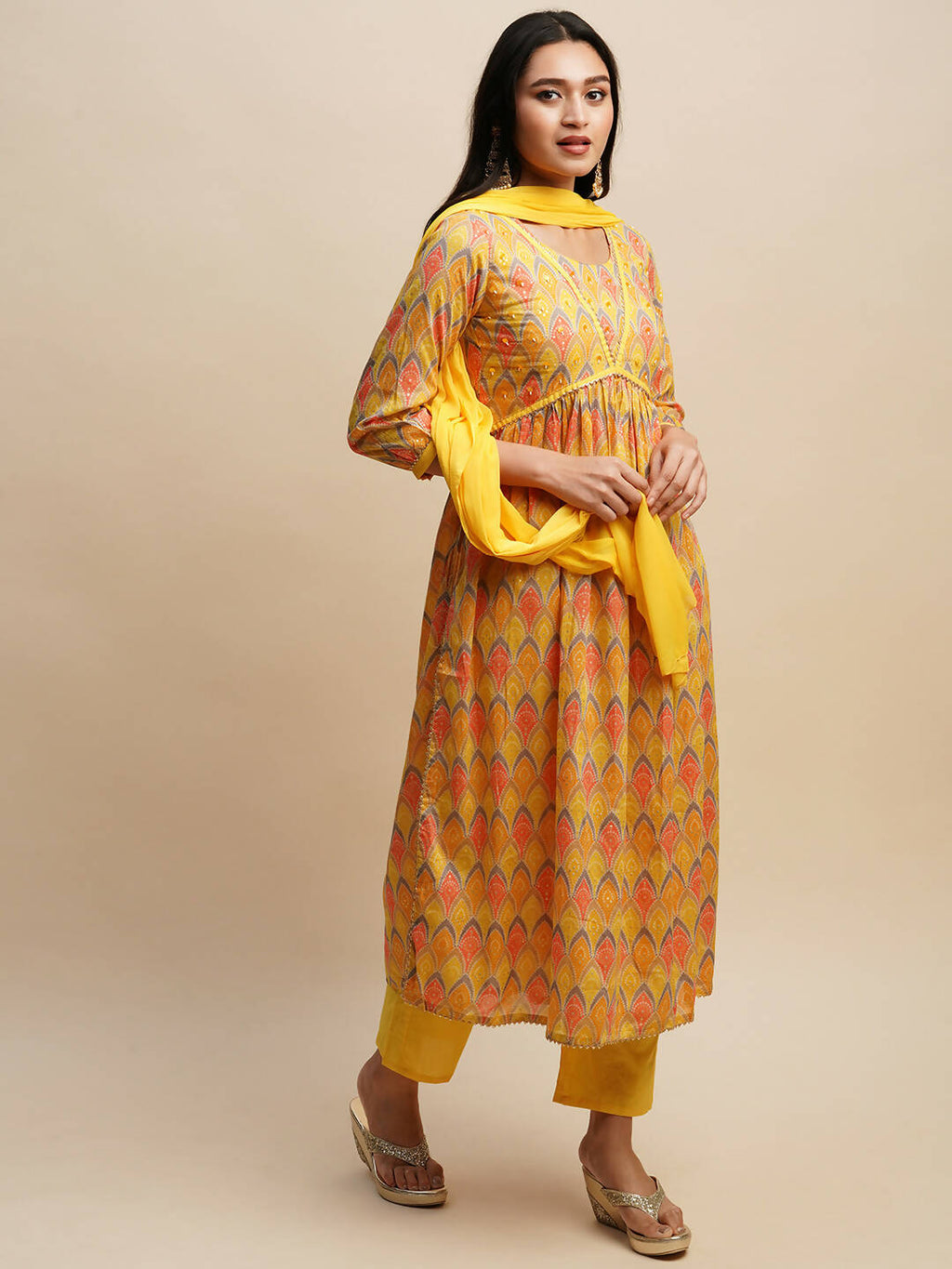 Yellow Pure Cotton Bandhani Printed Naira Cut Kurta And Bottom With Dupatta - Akashara | Grocsy