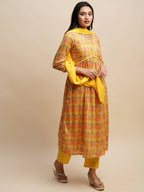 Yellow Pure Cotton Bandhani Printed Naira Cut Kurta And Bottom With Dupatta - Akashara | Grocsy