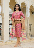 Kaajh Women's Pink Cotton Floral Printed Kurta Pant With Dupatta Set | Grocsy