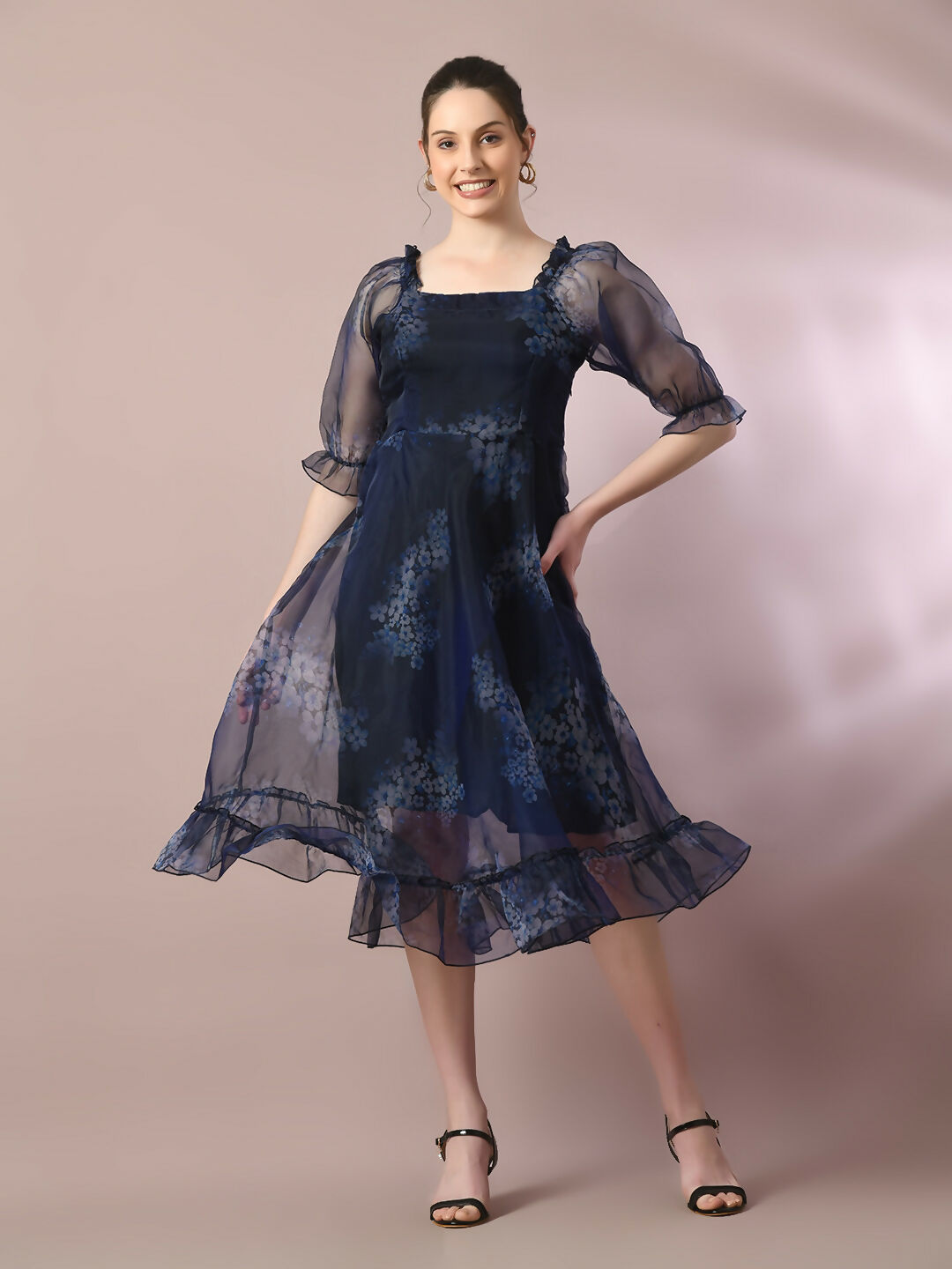 Myshka Women's Navy Blue Printed Square Neck Fit and Flare Party Dress | Grocsy