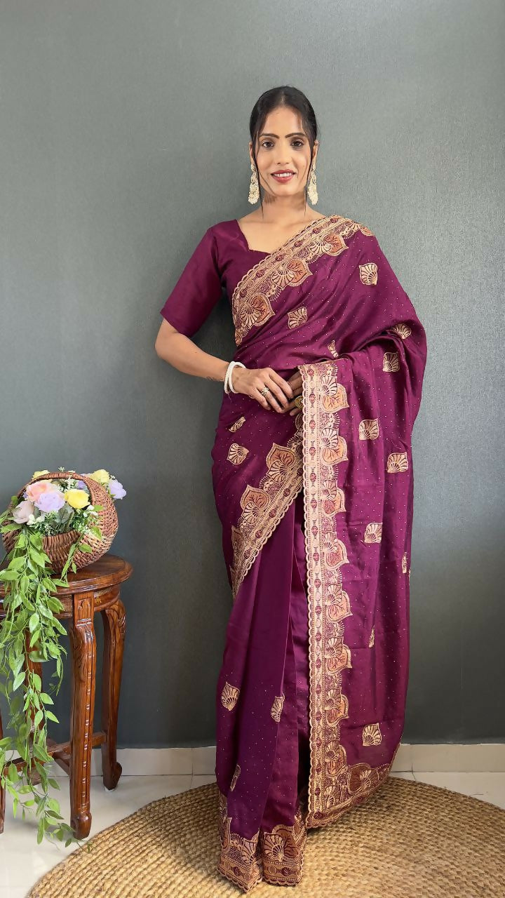Vastranavya Purple Vichitra Silk Zari with Swarovski Work Ready to Wear Saree | Grocsy