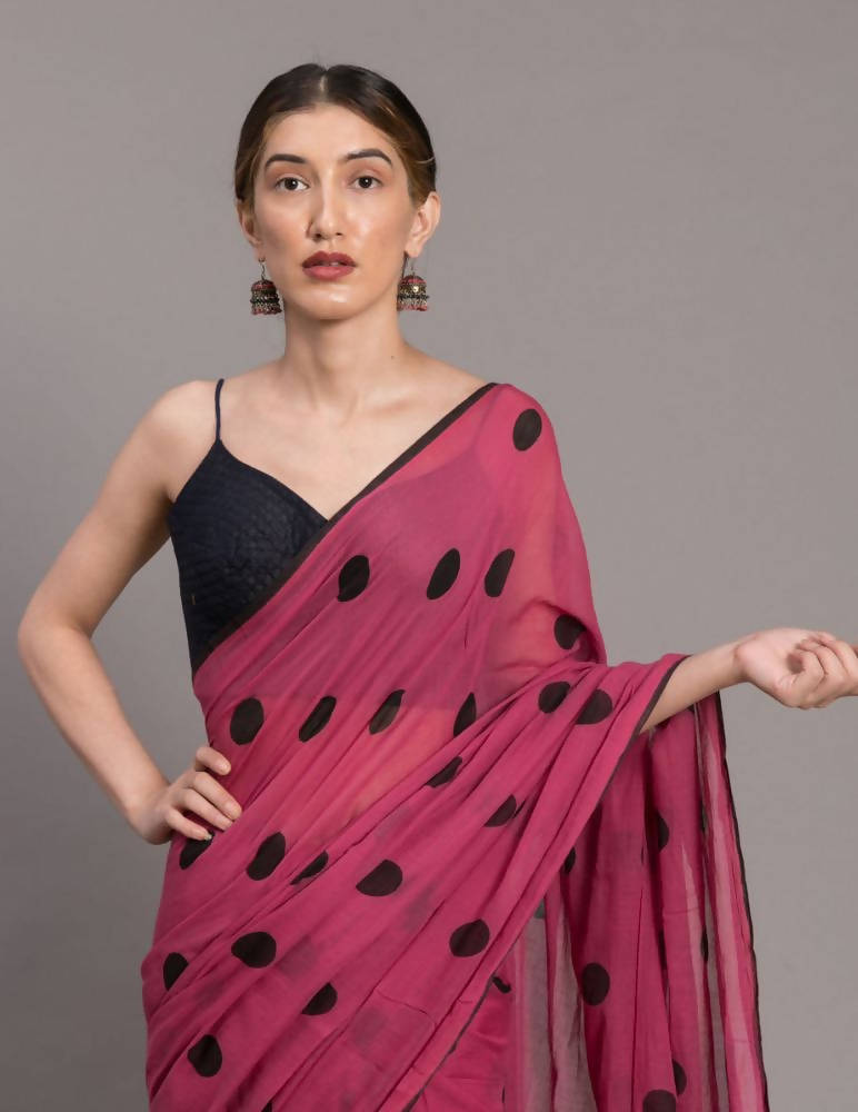 Suta Pink Black Polka Printed Pure Cotton Saree | Grocsy