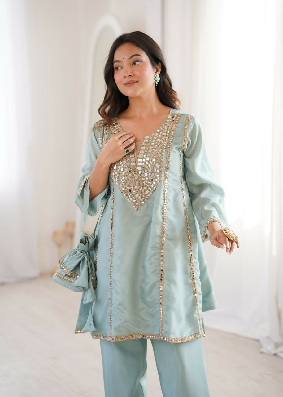 Teeya Creation Womens New Wedding Wear Sky Color With Mirror & Lace Work Kurta Pant Set | Grocsy