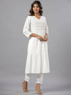 Juniper Women White Seer Sucker Embroidered High Slit Kurta | Grocsy