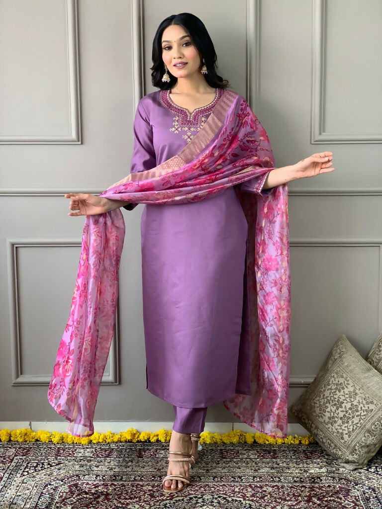Partywear Designer Purple Viscos Rayon Stitched Suit With Dupatta - Tanisha | Grocsy
