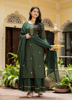 Kaajh Women's Green Gold Printed Cotton Kurta Sharara With Dupatta Set | Grocsy