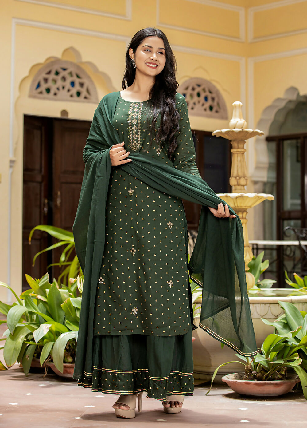 Kaajh Women's Green Gold Printed Cotton Kurta Sharara With Dupatta Set | Grocsy