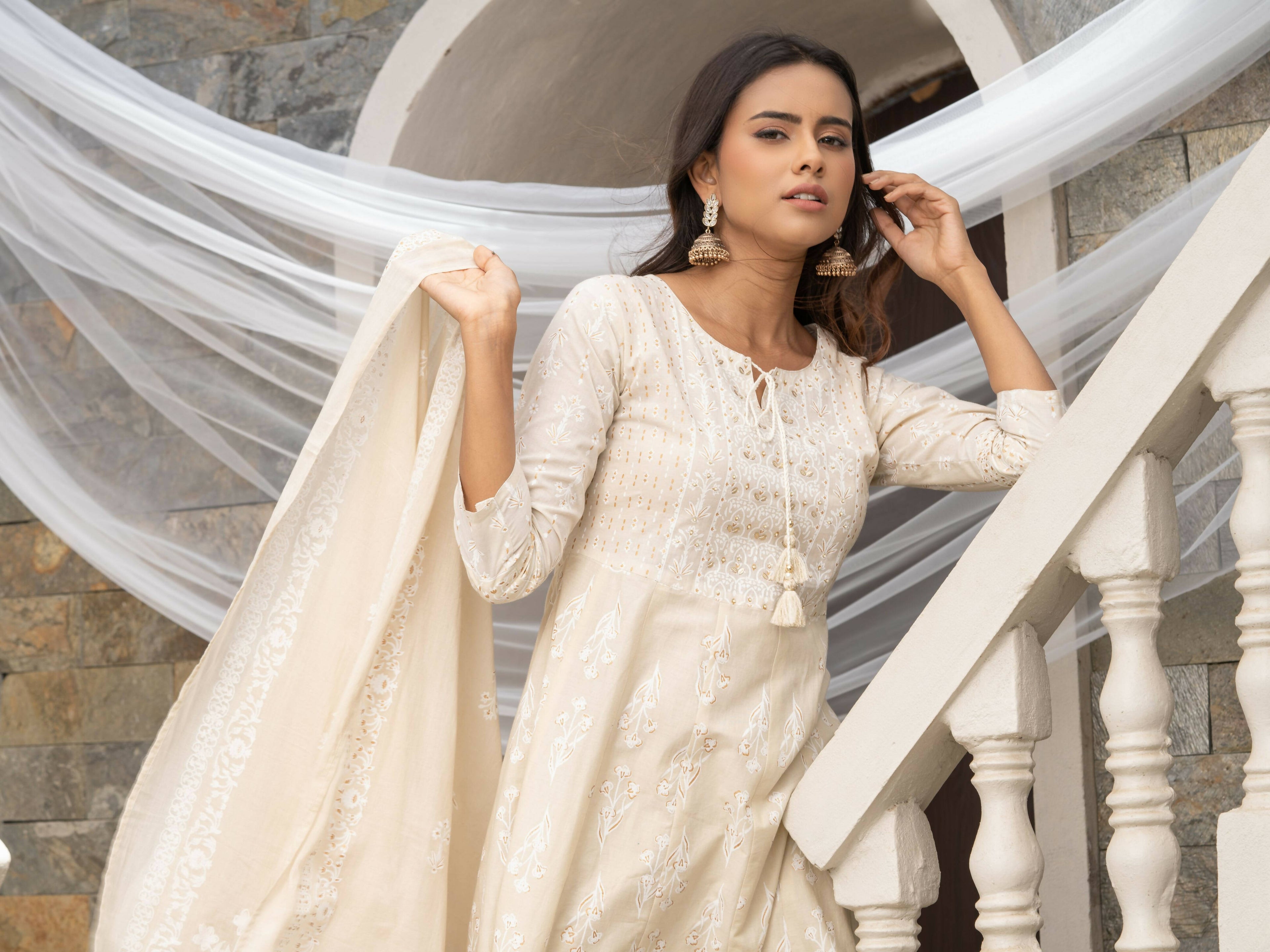 Off White Cotton Cambric Printed with Sequins work Anarkali Kurta with Pant & Dupatta - Akashara | Grocsy