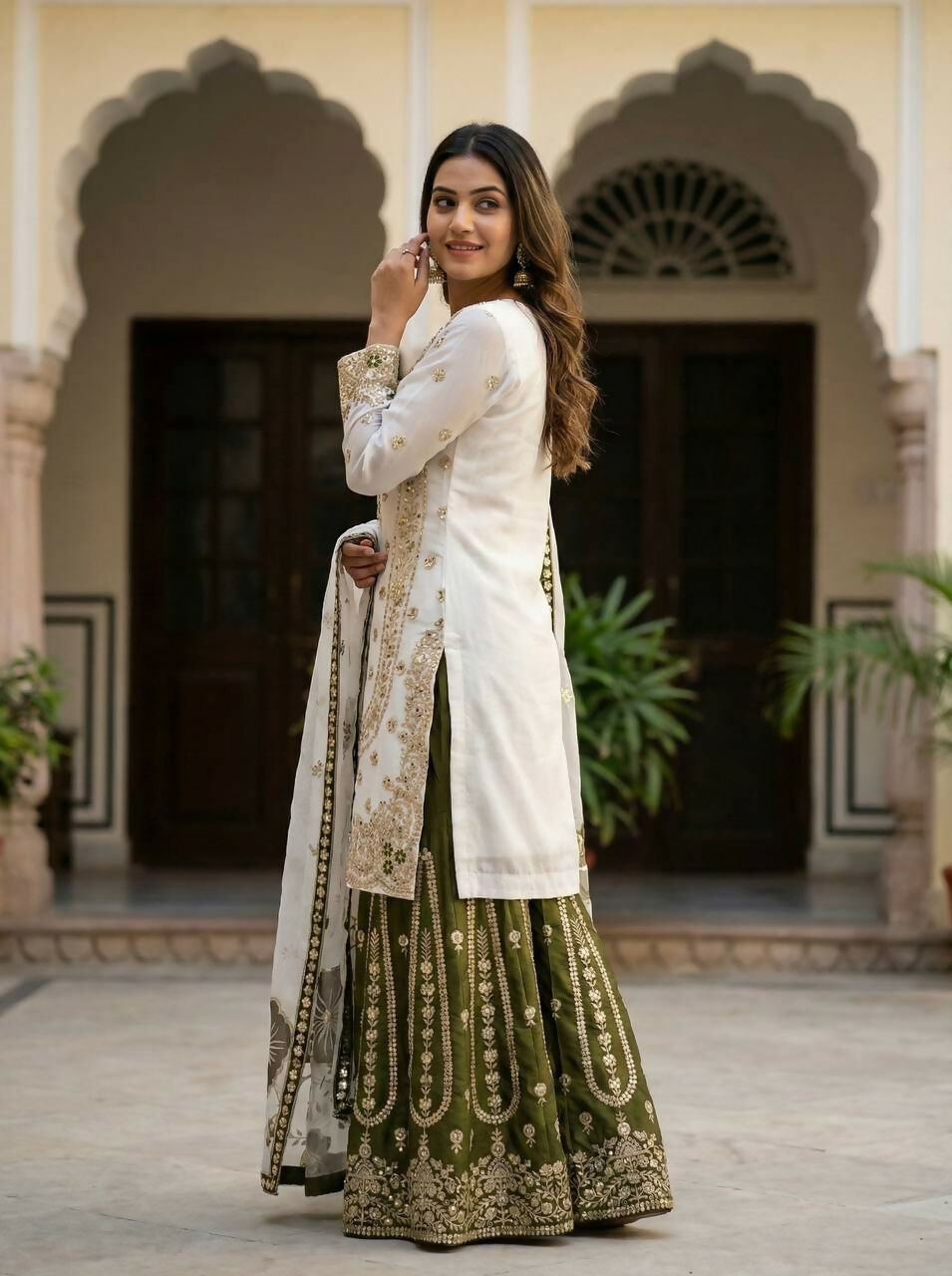 Teeya Creation Green Gimmy Silk Designer Embroidery Work Wedding Wear Palazzo Pair | Grocsy