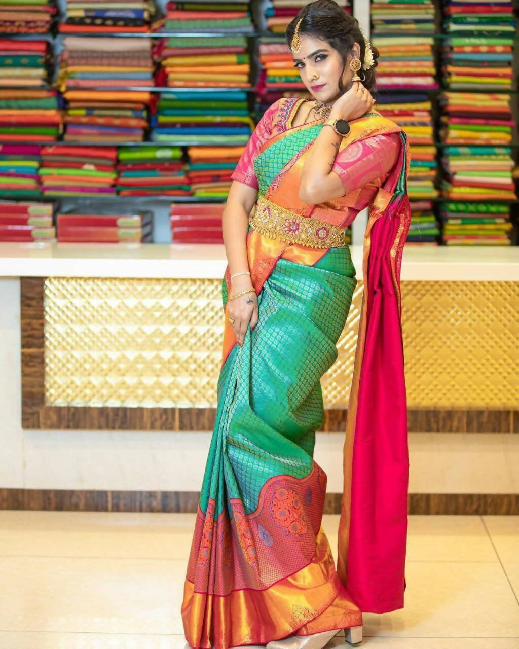 DEIANA'S Beautiful Designer Golden zari Soft Lichi Silk Saree - Bluue | Grocsy