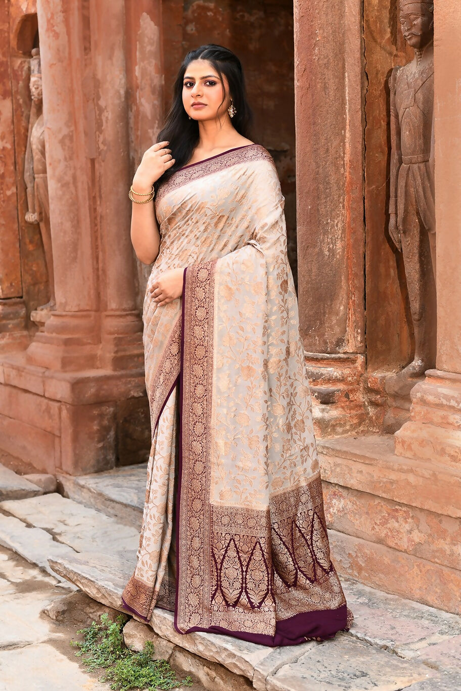 Joban Fashion Nude Grey Crepe Chiffon Pure Handloom Banarasi Silk Saree | Grocsy