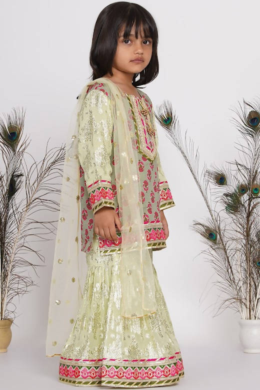 Little Bansi Girls Banarsi Cotton Turkish Lacework Kurta with Foil Sharara & Dupatta - Green | Grocsy