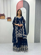 Teeya Creation Womens New Heavy Fox Georgette Fabric With Heavy Embroidery Work Dark-Navy-Blue Kurta Set | Grocsy