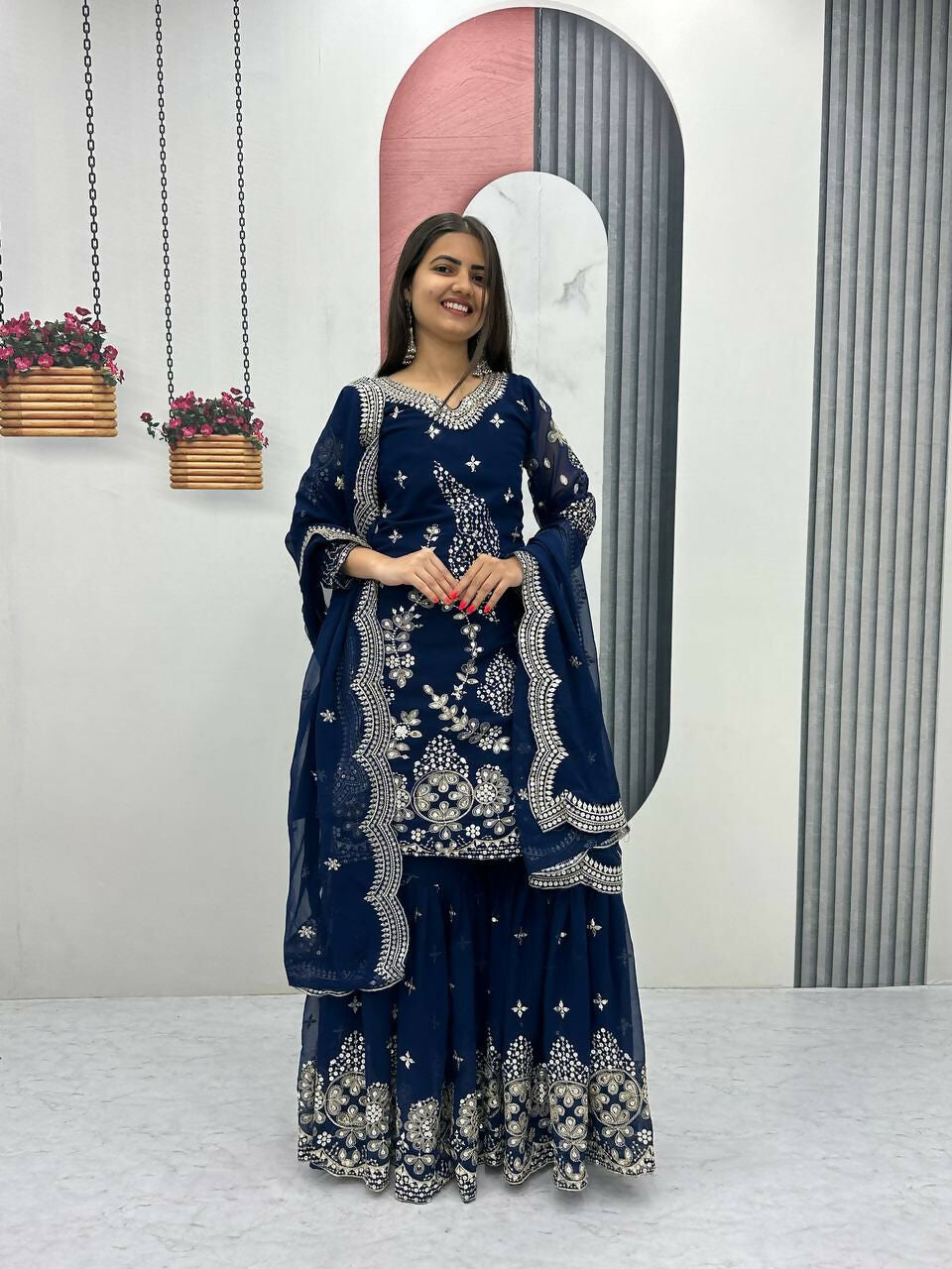 Teeya Creation Womens New Heavy Fox Georgette Fabric With Heavy Embroidery Work Dark-Navy-Blue Kurta Set | Grocsy