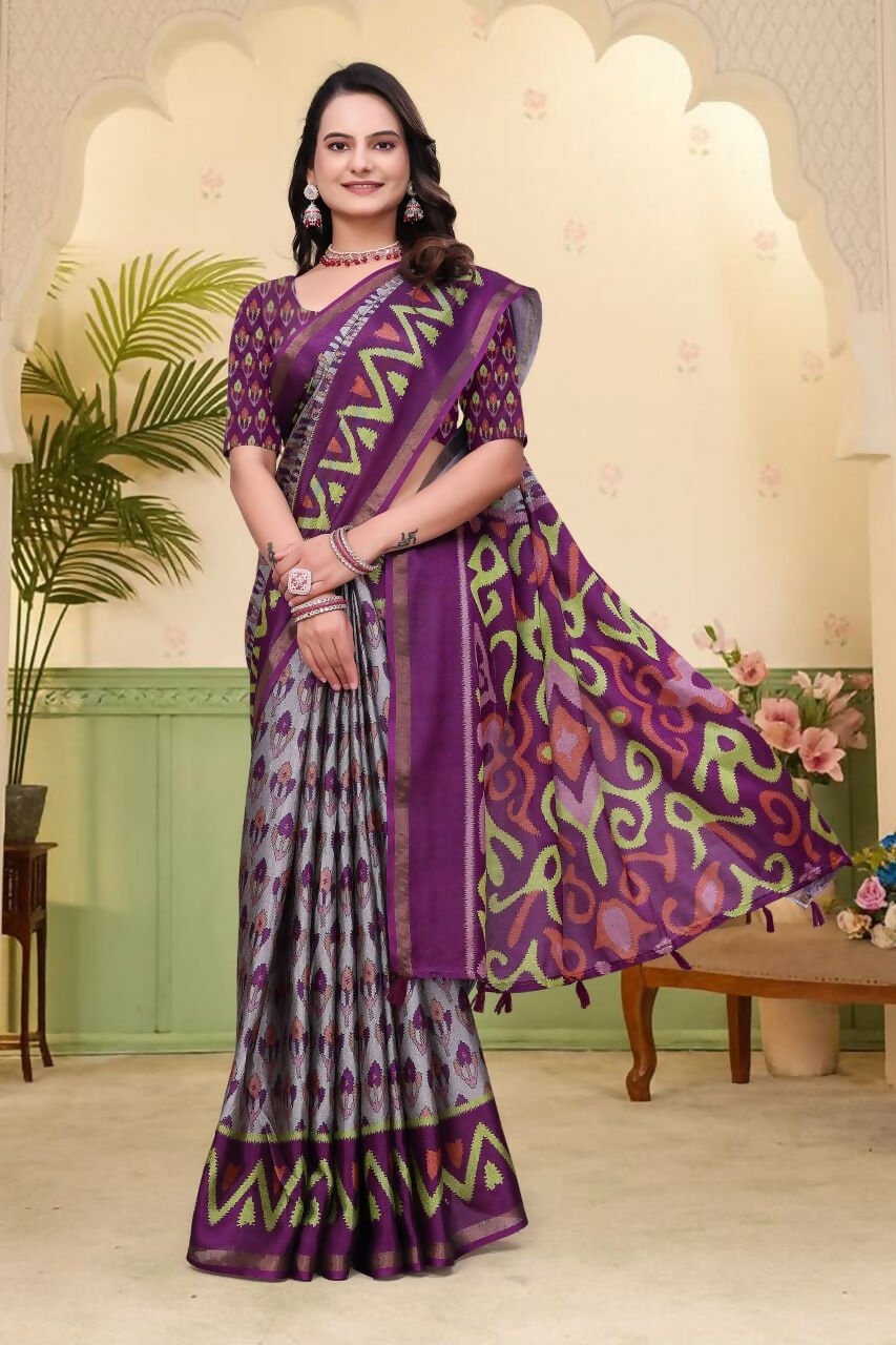 Prime Volt Mal Cotton Purple Ethnic Printed Saree with Designer Blouse Piece | Grocsy