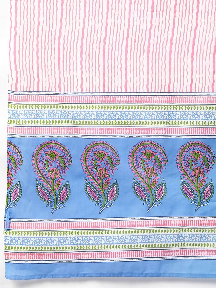 Yufta Women Blue & Pink Handblock Printed Pure Cotton Kurta with Trouser & Dupatta | Grocsy