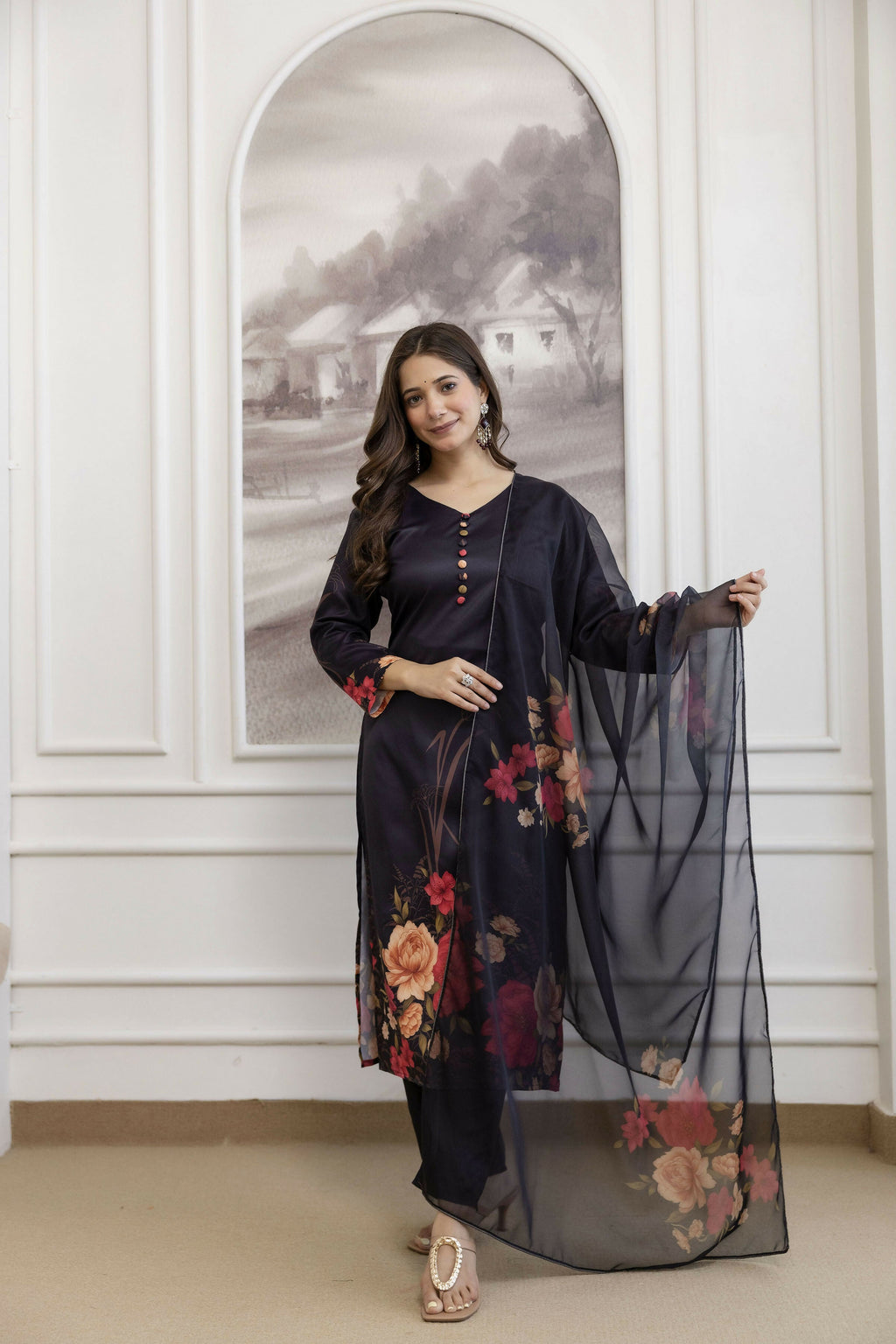 The52 Women's Beautiful Soft Assam Fabric Printed Work A-line Kurta Pant and Dupatta Set | Grocsy