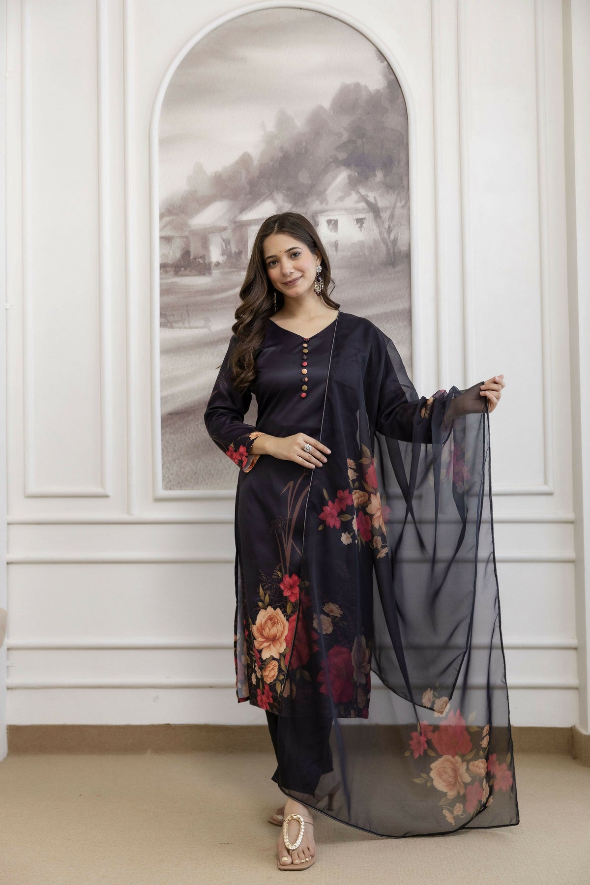 The52 Women's Beautiful Soft Assam Fabric Printed Work A-line Kurta Pant and Dupatta Set | Grocsy