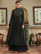 Janasya Black Georgette Foil Print Kurta,Bottom & Dupatta | Grocsy
