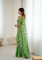 PR Fashion Green Bright Moss Satin Patta Printed Saree | Grocsy