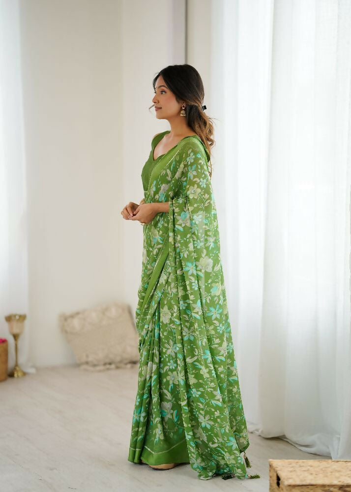 PR Fashion Green Bright Moss Satin Patta Printed Saree | Grocsy