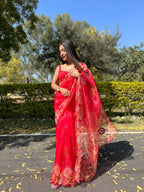 Vamsee Red Organza Saree | Grocsy