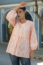 Juniper Women's Peach Cambric Placement Floral Printed Tunic | Grocsy