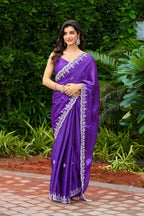 Vastranavya Purple-Blue Embroidery Work Shimmer Chiffon Saree with Unstitched Blouse | Grocsy