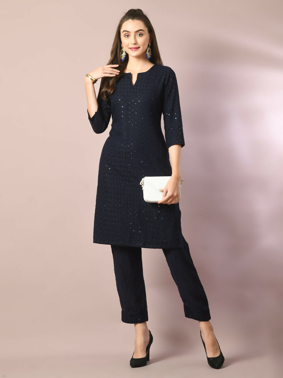 Myshka Women's Navy Blue Embroidered Cotton Straight Party Kurta Set | Grocsy