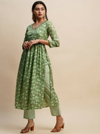 Green Pure Cotton Floral Printed Naira Cut Kurta And Bottom With Dupatta - Akashara | Grocsy