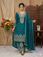 Teeya Creation Womens New Wedding Wear Heavy Embroidery Thread Work Teal Kurta Set | Grocsy