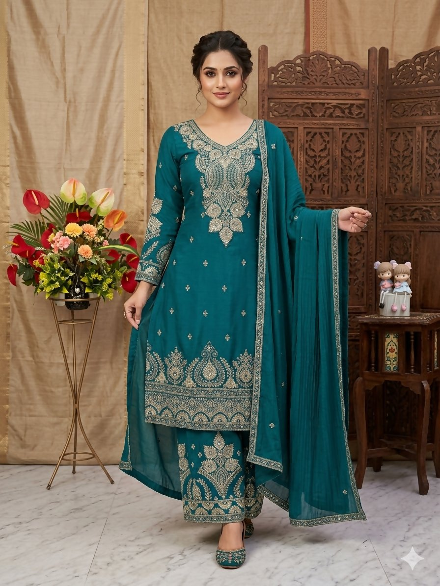 Teeya Creation Womens New Wedding Wear Heavy Embroidery Thread Work Teal Kurta Set | Grocsy
