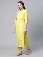 Ahalyaa Women Yellow Pure Cotton Printed Floral Kurta With Trousers | Grocsy